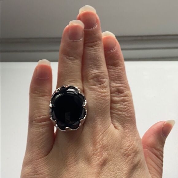 Funky polished black stone & silver tone ring 6.5 - Picture 5 of 16